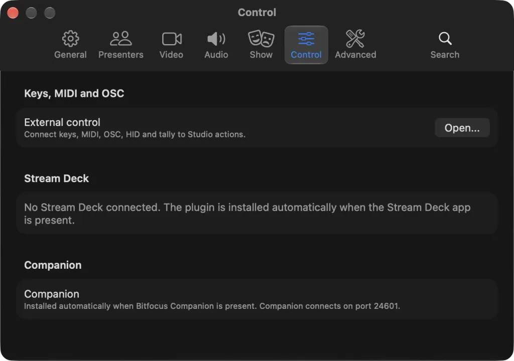 The Control settings on macOS: External control for keys, MIDI, OSC, HID and tally, the Stream Deck plugin and Companion