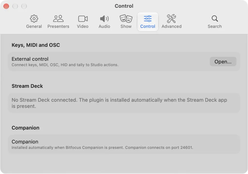 The Control settings on macOS: External control for keys, MIDI, OSC, HID and tally, the Stream Deck plugin and Companion