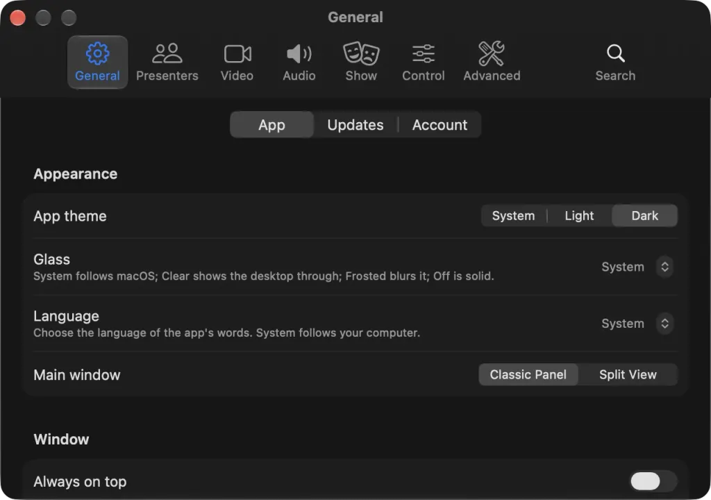 The General settings on macOS on the App tab: app theme, glass, language and main window layout under Appearance, and the Always on top window option