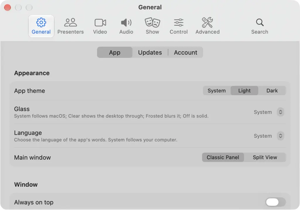 The General settings on macOS on the App tab: app theme, glass, language and main window layout under Appearance, and the Always on top window option