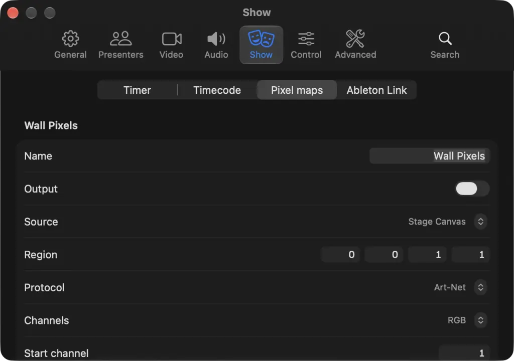 The Show settings on macOS on the Pixel maps tab: the Wall Pixels map with its output, Stage Canvas source, region, Art-Net protocol, RGB channels and start channel