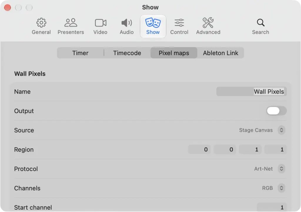 The Show settings on macOS on the Pixel maps tab: the Wall Pixels map with its output, Stage Canvas source, region, Art-Net protocol, RGB channels and start channel