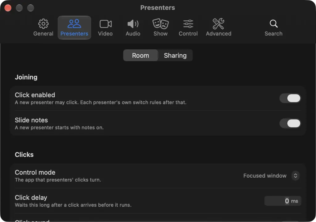 Settings, Presenters on a Mac: Joining, Clicks with Control mode and Click delay, Pointer, Clickers and Google Slides