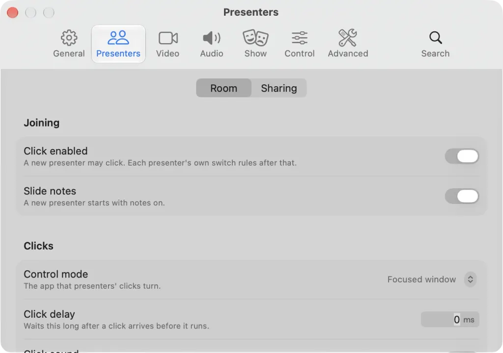 The Room tab of Settings on macOS