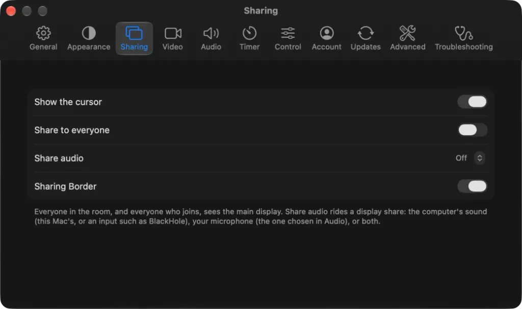 The Sharing tab of Settings on macOS