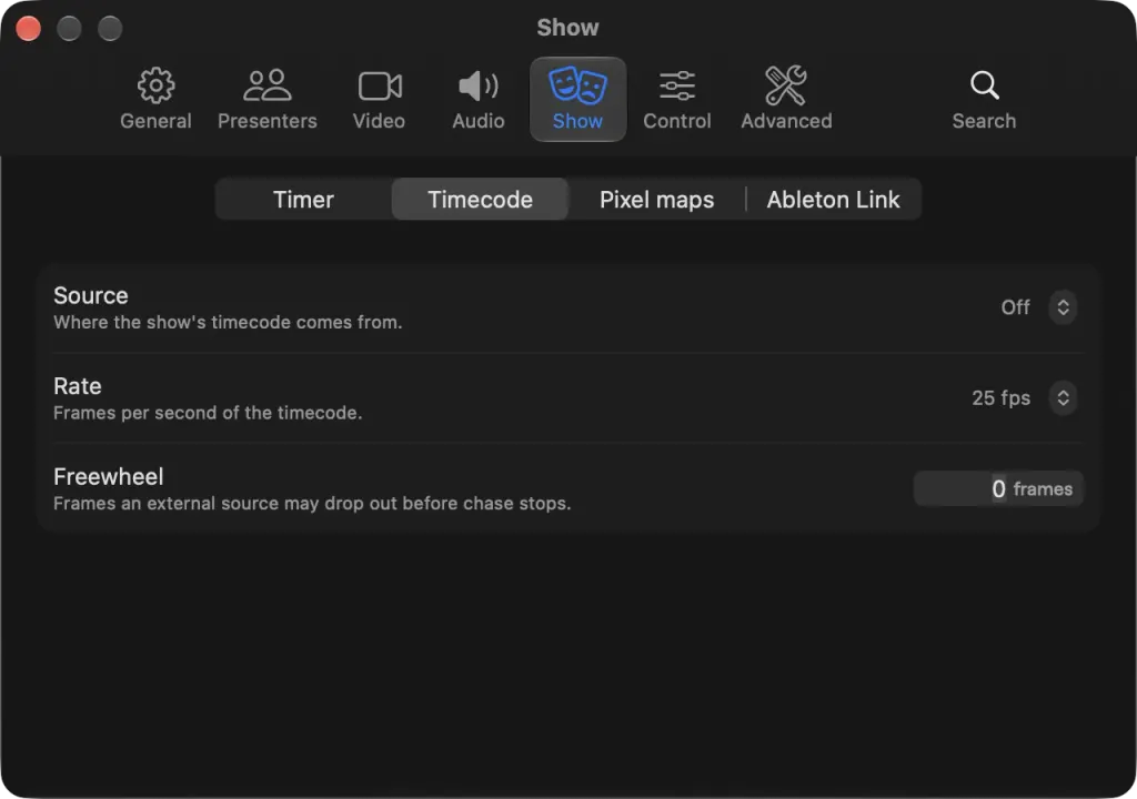 Settings, Show pane, Timecode tab with Source, Rate, Freewheel, Generator and the LTC, MTC and Art-Net outputs