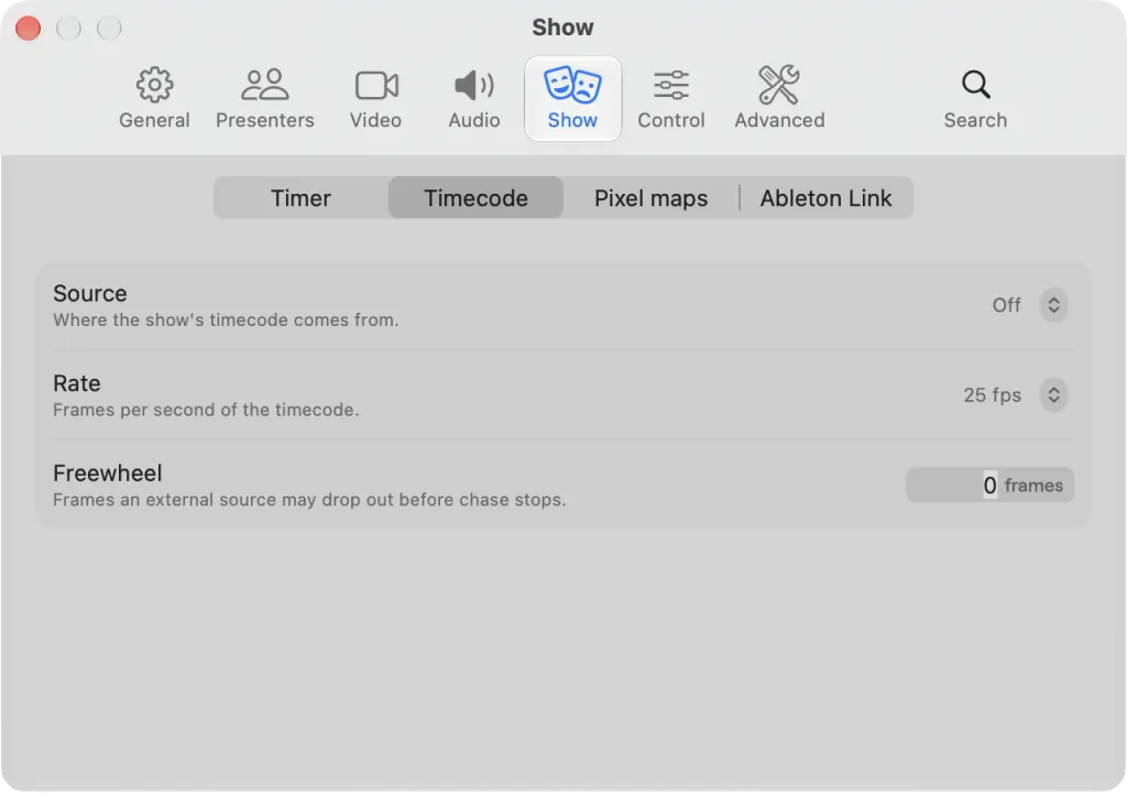 Settings, Show pane, Timecode tab with Source, Rate, Freewheel, Generator and the LTC, MTC and Art-Net outputs