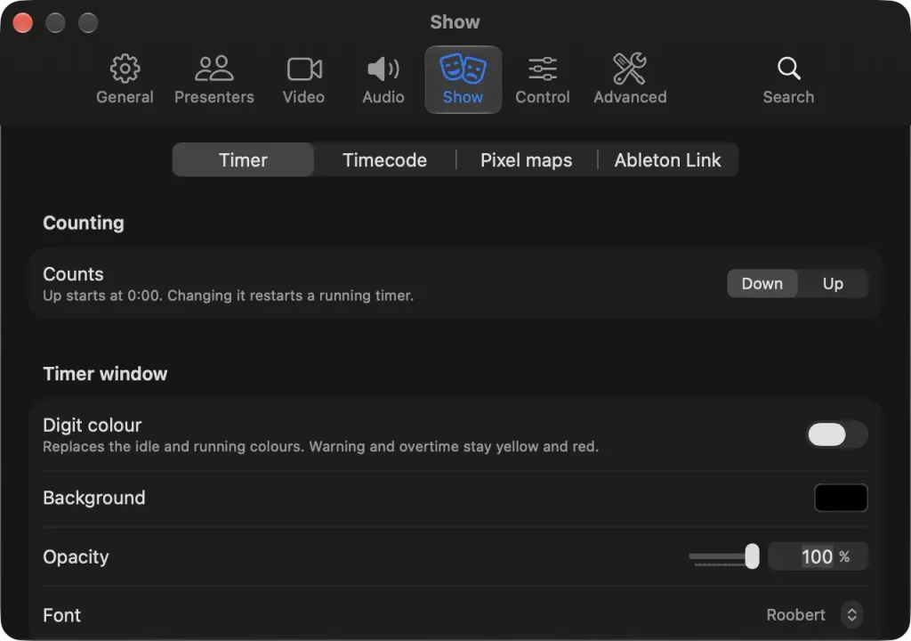 The Show settings on macOS on the Timer tab: count direction, and the Timer window digit colour, background, opacity and font