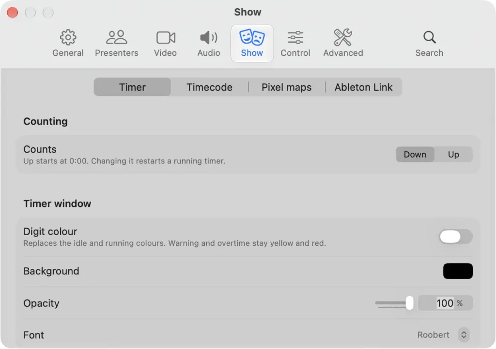 The Show settings on macOS on the Timer tab: count direction, and the Timer window digit colour, background, opacity and font