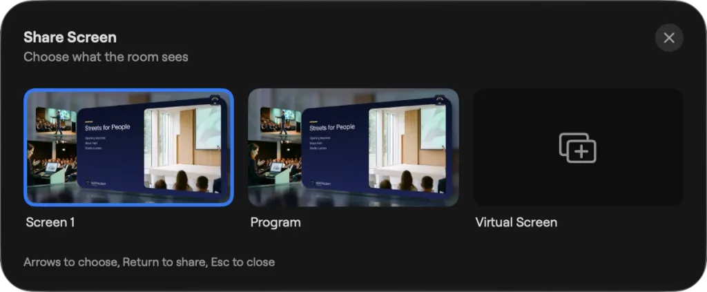 The Share Screen picker on macOS: Screen 1, Program and Virtual Screen, with the keys to choose, share and close