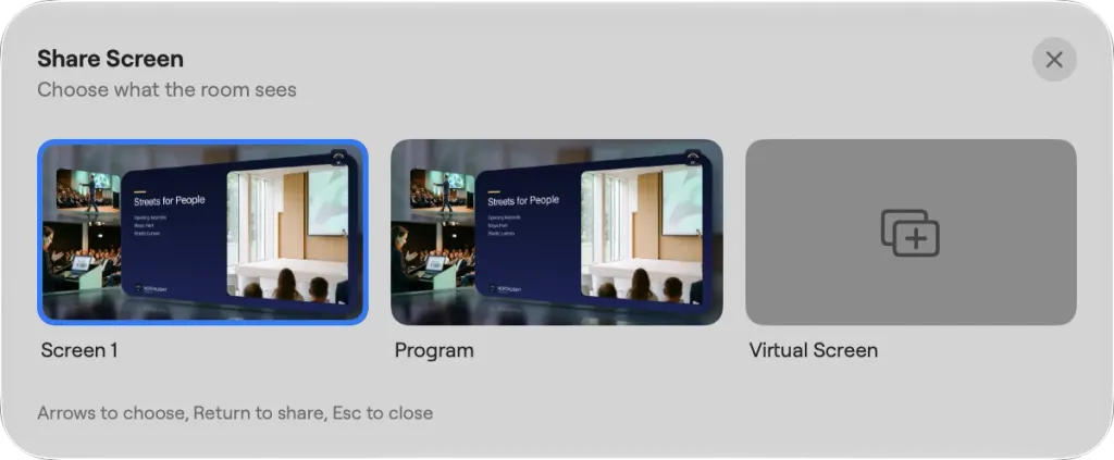 The Share Screen picker on macOS: Screen 1, Program and Virtual Screen, with the keys to choose, share and close