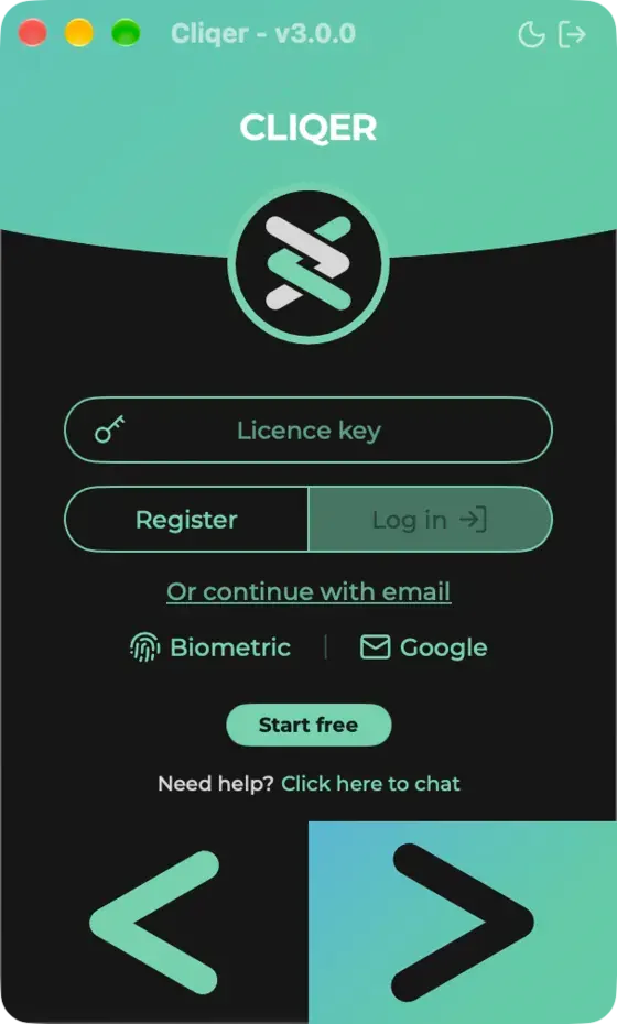 The Classic panel signed out: Licence key, Register and Log in, Or continue with email, Biometric, Google and Start free