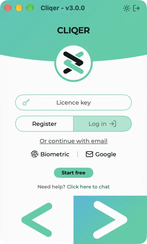 The Classic panel signed out: Licence key, Register and Log in, Or continue with email, Biometric, Google and Start free