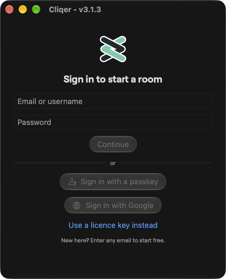 The Cliqer sign-in window on macOS: email or username and password, Continue, sign in with a passkey or with Google, and Use a licence key instead