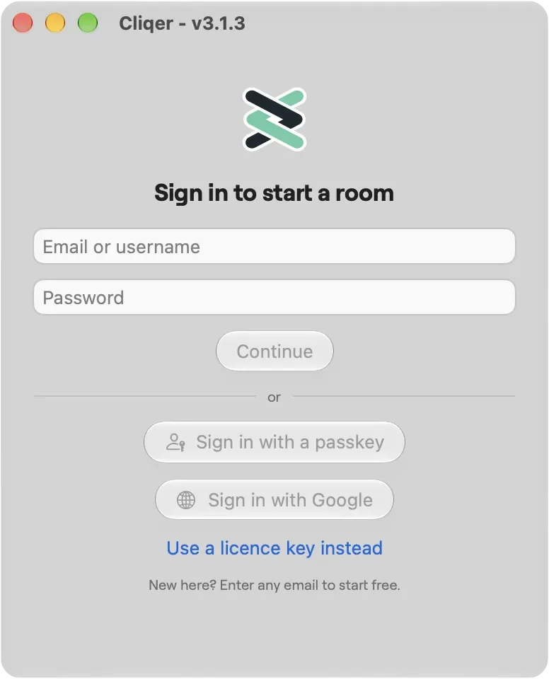 The Cliqer sign-in window on macOS: email or username and password, Continue, sign in with a passkey or with Google, and Use a licence key instead