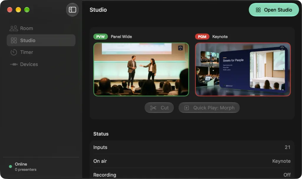 The Split View main window on macOS on the Studio page: Panel Wide on Preview and the Keynote slide card on Program, Cut and Quick Play: Morph, and the status with 21 inputs, Keynote on air and recording off