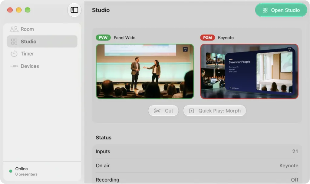 The Split View main window on macOS on the Studio page: Panel Wide on Preview and the Keynote slide card on Program, Cut and Quick Play: Morph, and the status with 21 inputs, Keynote on air and recording off