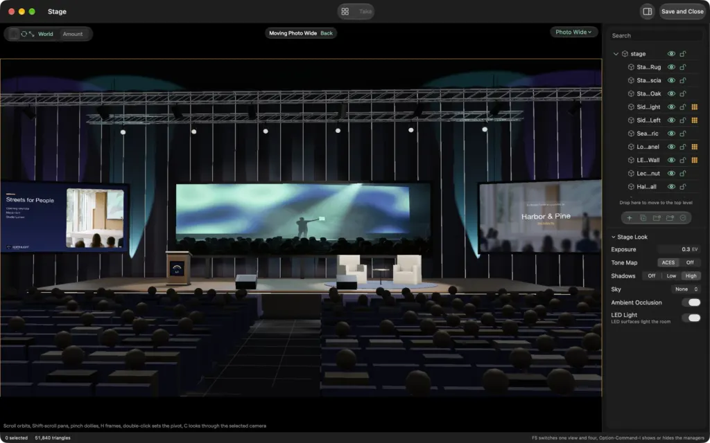 The Stage (Beta) window on macOS looking through the Photo Wide camera: the main hall with the lighting truss, the drapes, the LED wall playing the Wall Loop between two side screens, the lectern and the audience seating, with the outliner and the Stage Look settings on the right