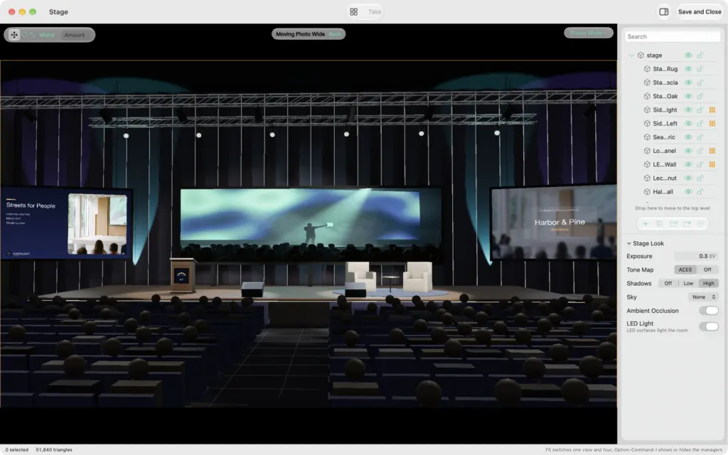 The Stage (Beta) window on macOS looking through the Photo Wide camera: the main hall with the lighting truss, the drapes, the LED wall playing the Wall Loop between two side screens, the lectern and the audience seating, with the outliner and the Stage Look settings on the right