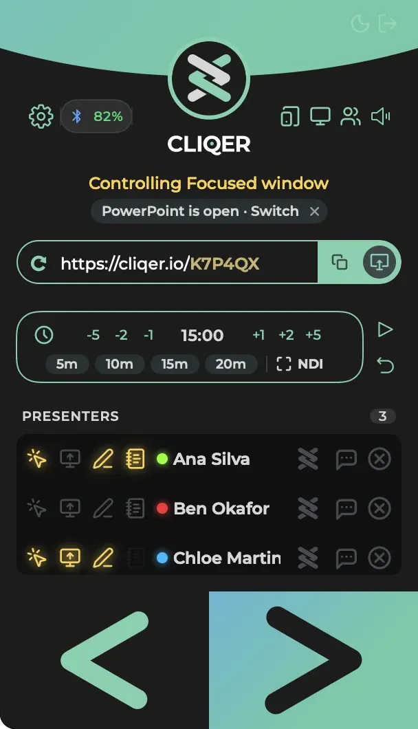 The Classic panel on macOS: Controlling Focused window with a chip below it reading PowerPoint is open, Switch, and a small x