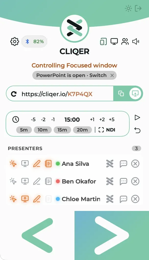The Classic panel on macOS: Controlling Focused window with a chip below it reading PowerPoint is open, Switch, and a small x