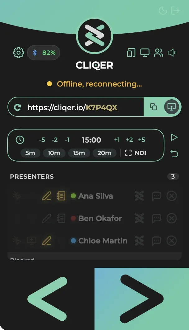 The Classic panel on macOS with an amber dot and the words Offline, reconnecting under the Cliqer logo
