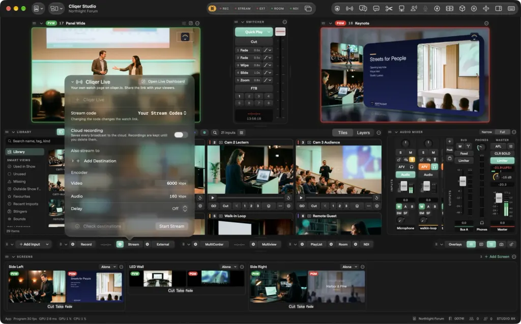 The Studio window on macOS with the Stream popover open: Cliqer Live with its stream code, cloud recording, extra destinations, the encoder settings and Start Stream