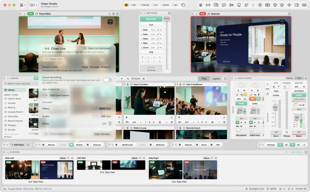 The Studio window on macOS with the Stream popover open: Cliqer Live with its stream code, cloud recording, extra destinations, the encoder settings and Start Stream