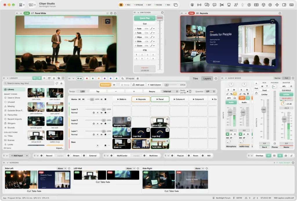 The Studio window on macOS with the Layers grid open: layer rows with clips such as Sponsor Loop, Wall Loop, Logo Bug and Keynote, and the Program showing the Keynote slide card over the hall
