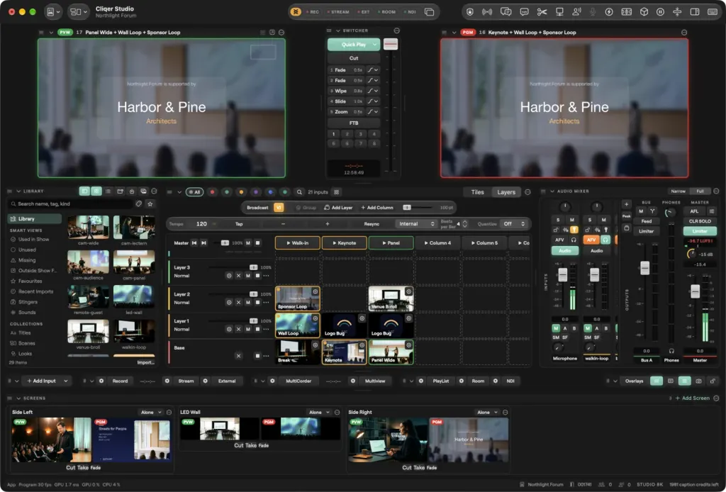 The Studio window on macOS with the Layers grid playing in VJ style: Wall Loop and Sponsor Loop layered over Panel Wide on Preview and Keynote on Program, both showing the sponsor card