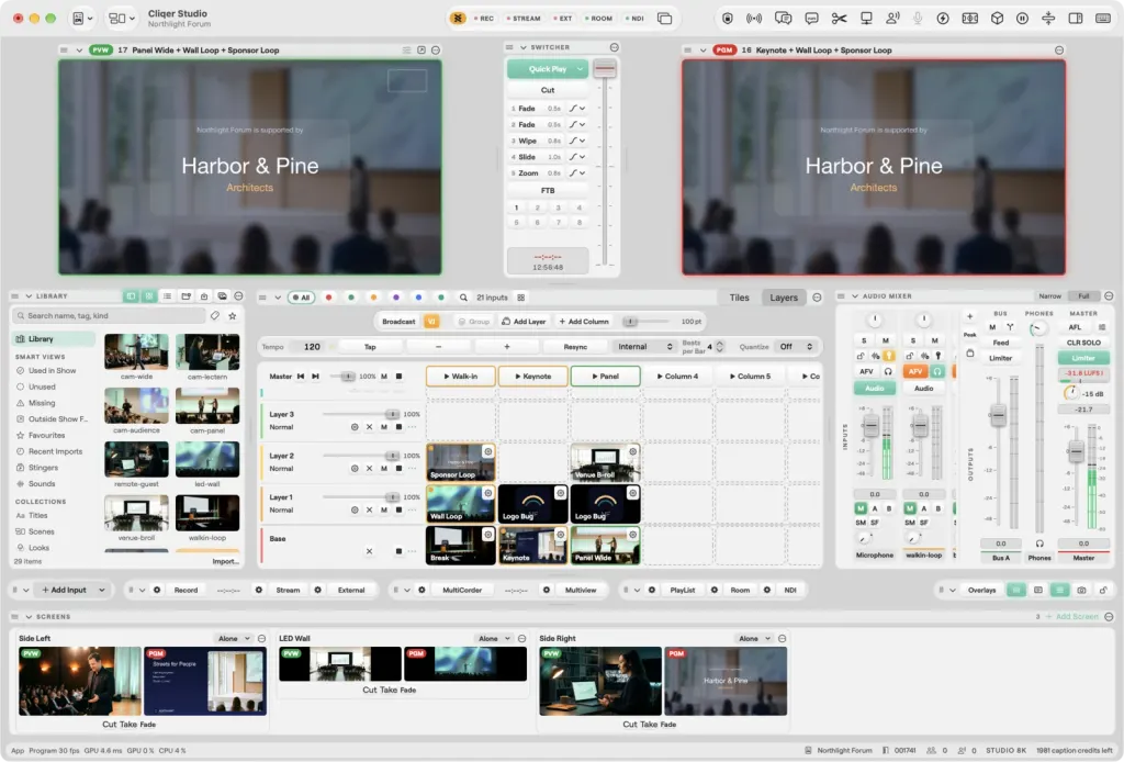 The Studio window on macOS with the Layers grid playing in VJ style: Wall Loop and Sponsor Loop layered over Panel Wide on Preview and Keynote on Program, both showing the sponsor card