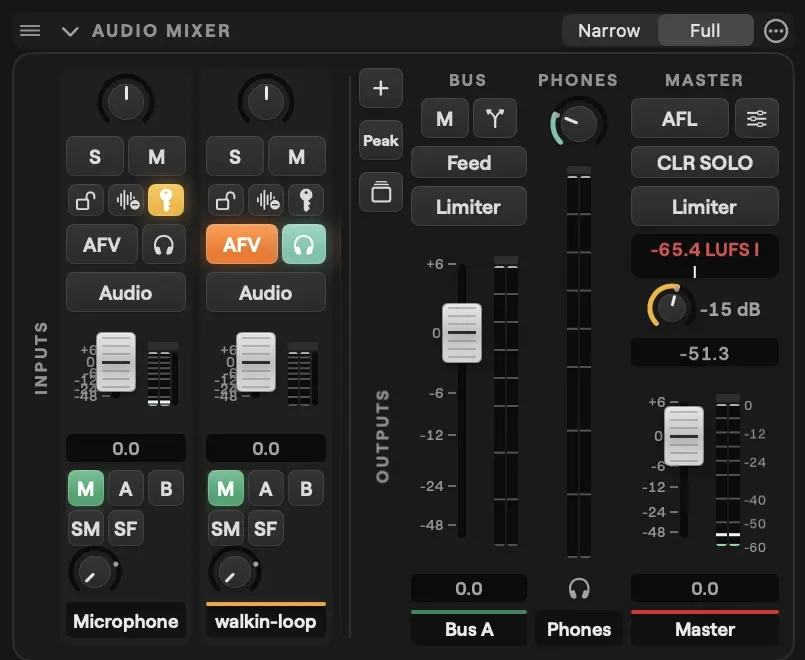 The Audio Mixer panel on macOS in Full view: the Microphone and walkin-loop strips under INPUTS, then the Bus A, Phones and Master strips under OUTPUTS, with the add, Peak and stack keys between them and a loudness reading on Master