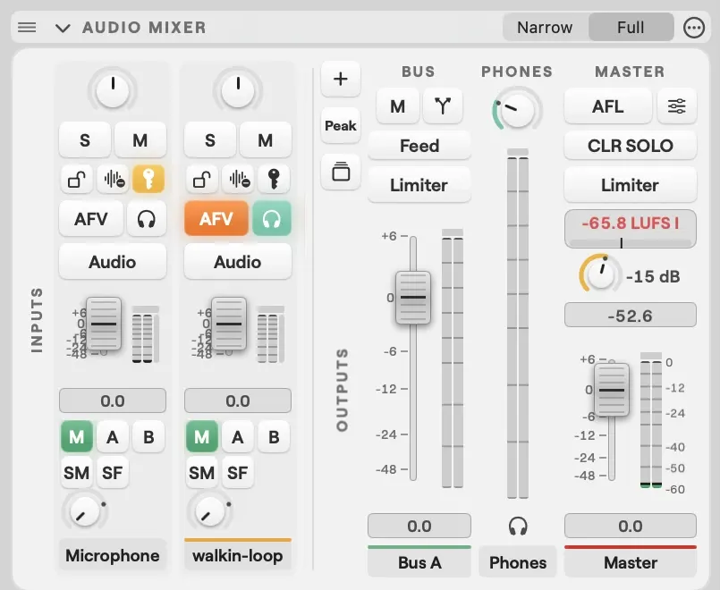 The Audio Mixer panel on macOS in Full view: the Microphone and walkin-loop strips under INPUTS, then the Bus A, Phones and Master strips under OUTPUTS, with the add, Peak and stack keys between them and a loudness reading on Master