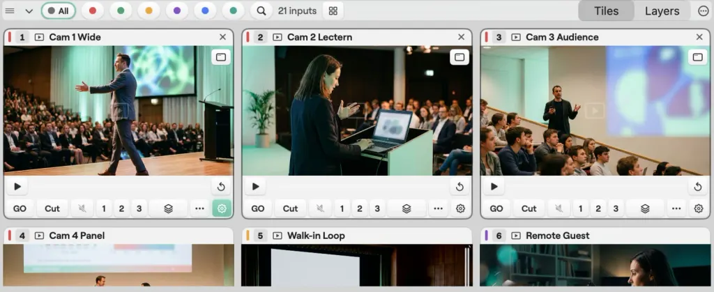 Input tiles on a Mac with three tiles selected and one being dragged, the green insertion line between two tiles