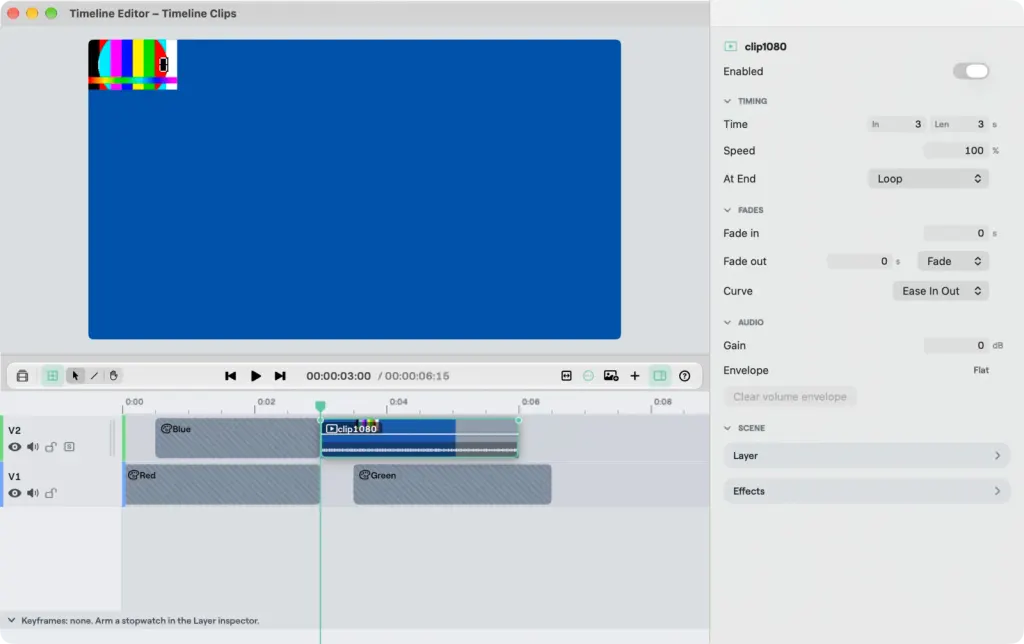 The Timeline Editor on a Mac with a media clip selected and the inspector showing the At End pop-up button set to Loop, and the Add Media button in the edit bar