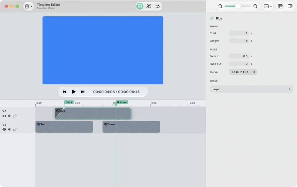 The Timeline Editor with a Blue clip selected on track V2, its fade handles showing, two cue flags on the ruler named Cue 1 and Outro, and the inspector showing the clip's Start, Length, Fades and Curve