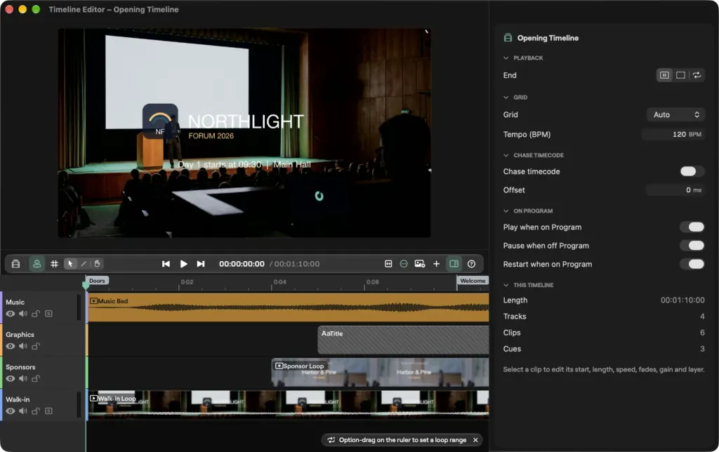 The Timeline Editor on macOS for the Opening Timeline: the Northlight Forum 2026 opener in the preview, the Music, Graphics, Sponsors and Walk-in tracks with their clips and cues, and the playback, grid, chase timecode and On Program settings