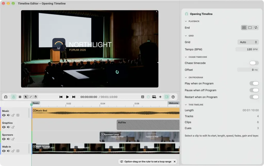 The Timeline Editor on macOS for the Opening Timeline: the Northlight Forum 2026 opener in the preview, the Music, Graphics, Sponsors and Walk-in tracks with their clips and cues, and the playback, grid, chase timecode and On Program settings