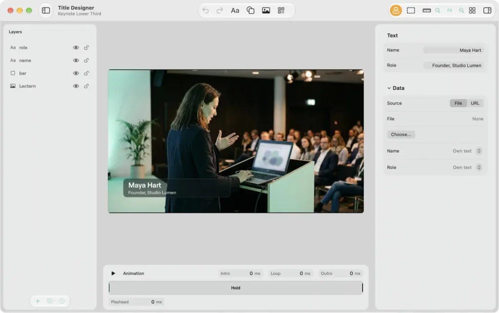 The Title Designer on macOS for the Keynote Lower Third: the role, name, bar and Lectern layers, the Maya Hart lower third over the lectern shot, the animation bar, and the text and data settings on the right