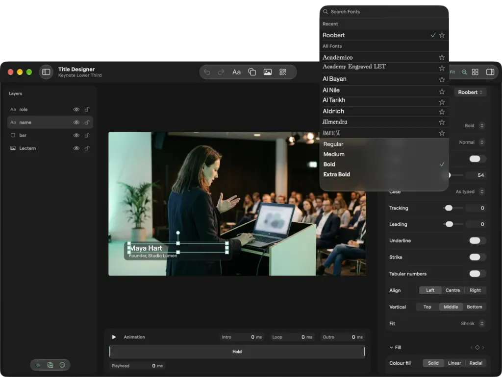 The Title Designer on macOS with the font picker open: recent and all fonts with Roobert ticked, its weights listed, and the text settings for case, tracking, alignment and fill