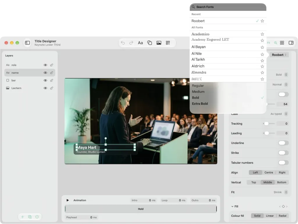 The Title Designer on macOS with the font picker open: recent and all fonts with Roobert ticked, its weights listed, and the text settings for case, tracking, alignment and fill