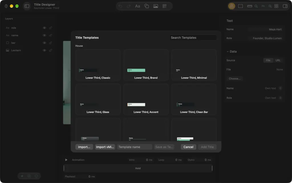 The Title Templates gallery on macOS over the Title Designer: house lower thirds such as Classic, Brand, Minimal, Glass, Accent and Clean Bar, with buttons to import, import a vMix title or save a template