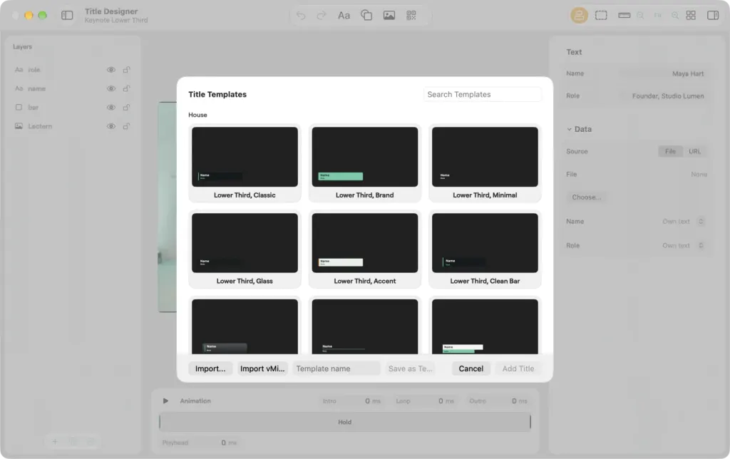 The Title Templates gallery on macOS over the Title Designer: house lower thirds such as Classic, Brand, Minimal, Glass, Accent and Clean Bar, with buttons to import, import a vMix title or save a template