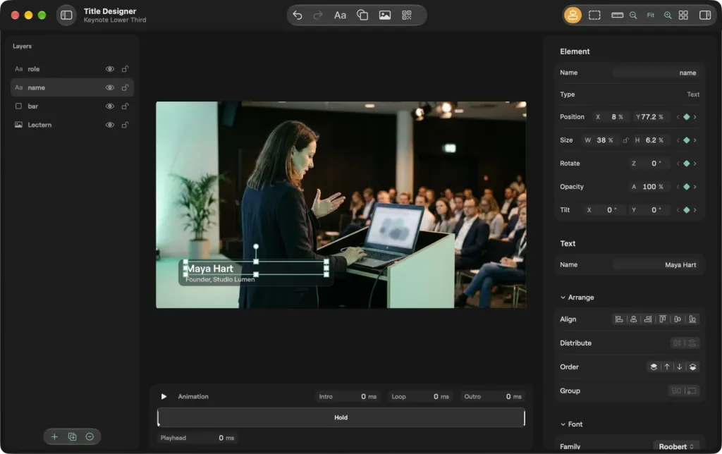 The Title Designer on macOS with the name element selected and keyframe buttons beside its position, size, rotate, opacity and tilt