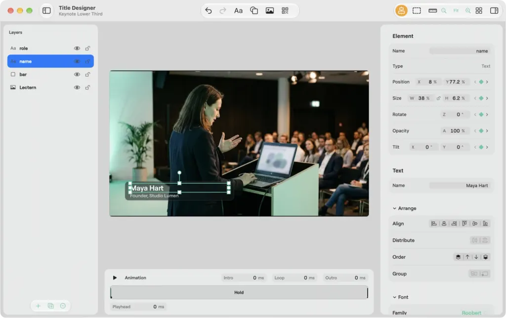 The Title Designer on macOS with the name element selected and keyframe buttons beside its position, size, rotate, opacity and tilt