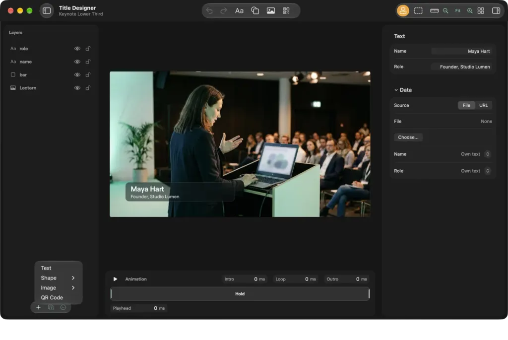 The Title Designer on macOS with the add menu open over the Layers list: Text, Shape, Image and QR Code