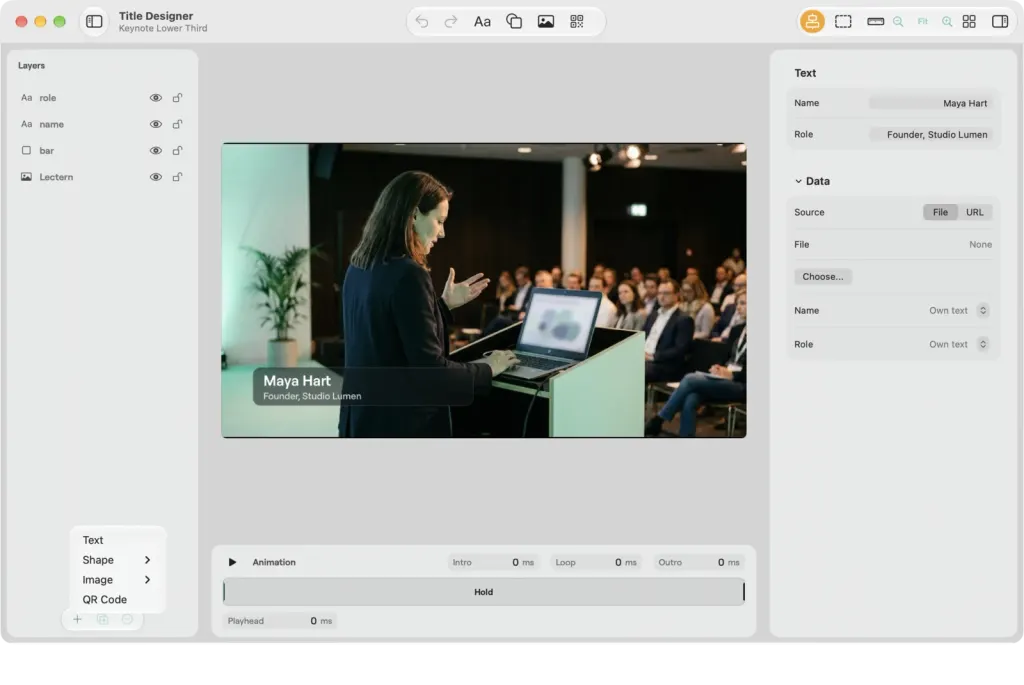 The Title Designer on macOS with the add menu open over the Layers list: Text, Shape, Image and QR Code