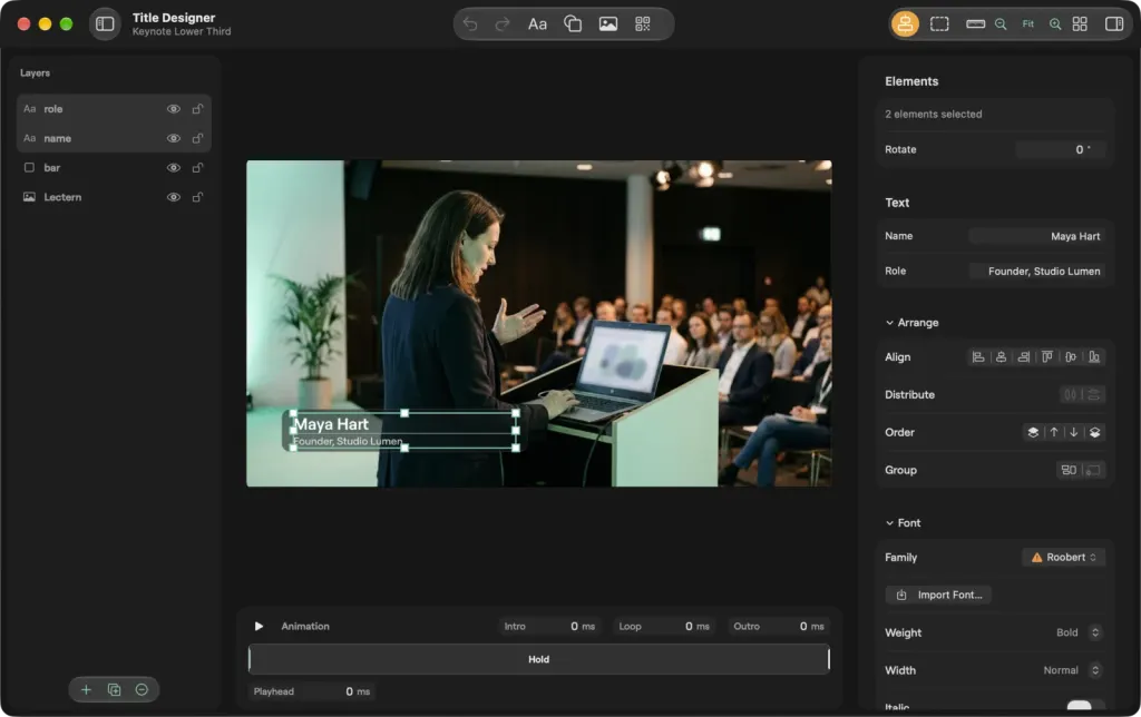 The Title Designer on macOS with the name and role elements selected together, and the shared text, arrange and font settings for both