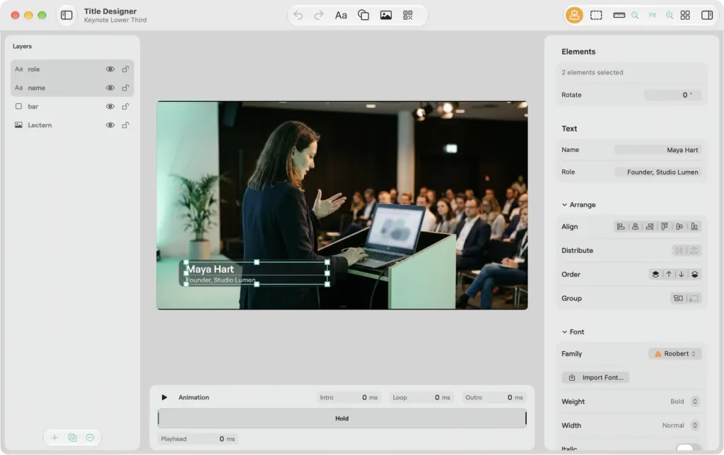 The Title Designer on macOS with the name and role elements selected together, and the shared text, arrange and font settings for both