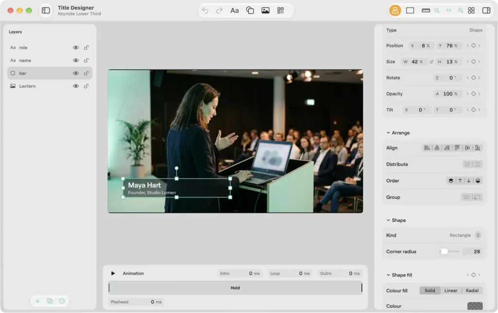 The Title Designer on macOS with the bar shape selected, and its position, size, arrange, shape kind, corner radius and fill settings